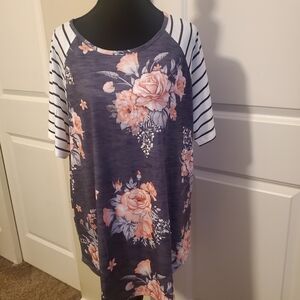 Boutique Floral and Striped Sleeve Top NWOT